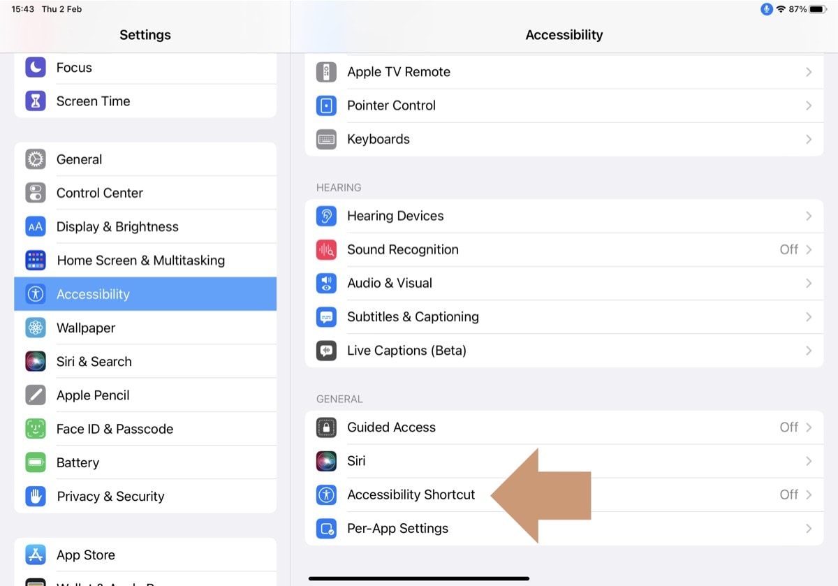 Find Accessibility Shortcut on the iPad